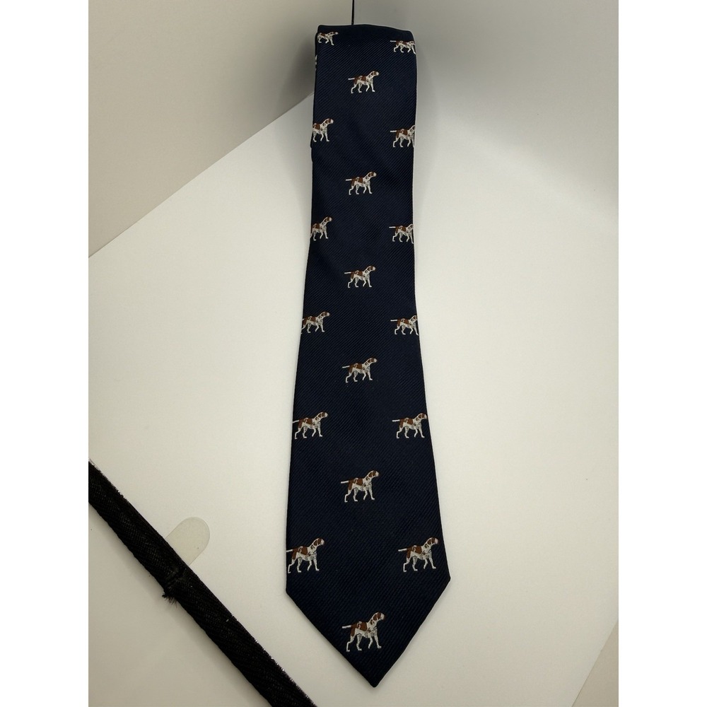 J.Crew Silk Tie Navy Hunting Dog Pointer Novelty Animal Print 62" x 2.5"